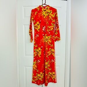 Elegant Red Floral Long Sleeve Dress